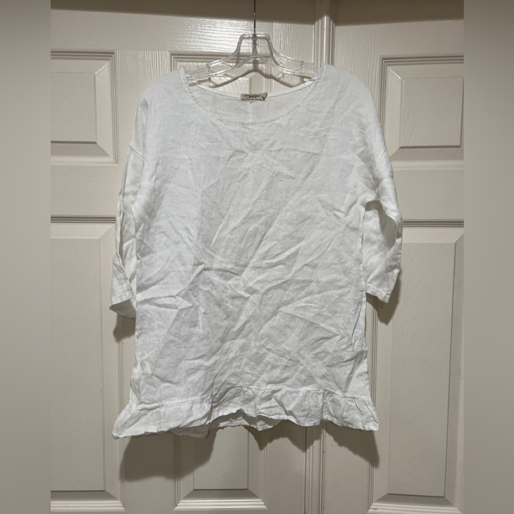Lungo L'arno 100% Linen White Boat Neck 3/4 Sleeve Tunic Shirt Ruffle Hem M‎